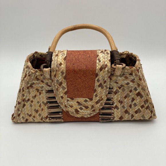 Handbags - Vintage Woven Straw Bamboo Handle Handbag Clutch Boho Natural